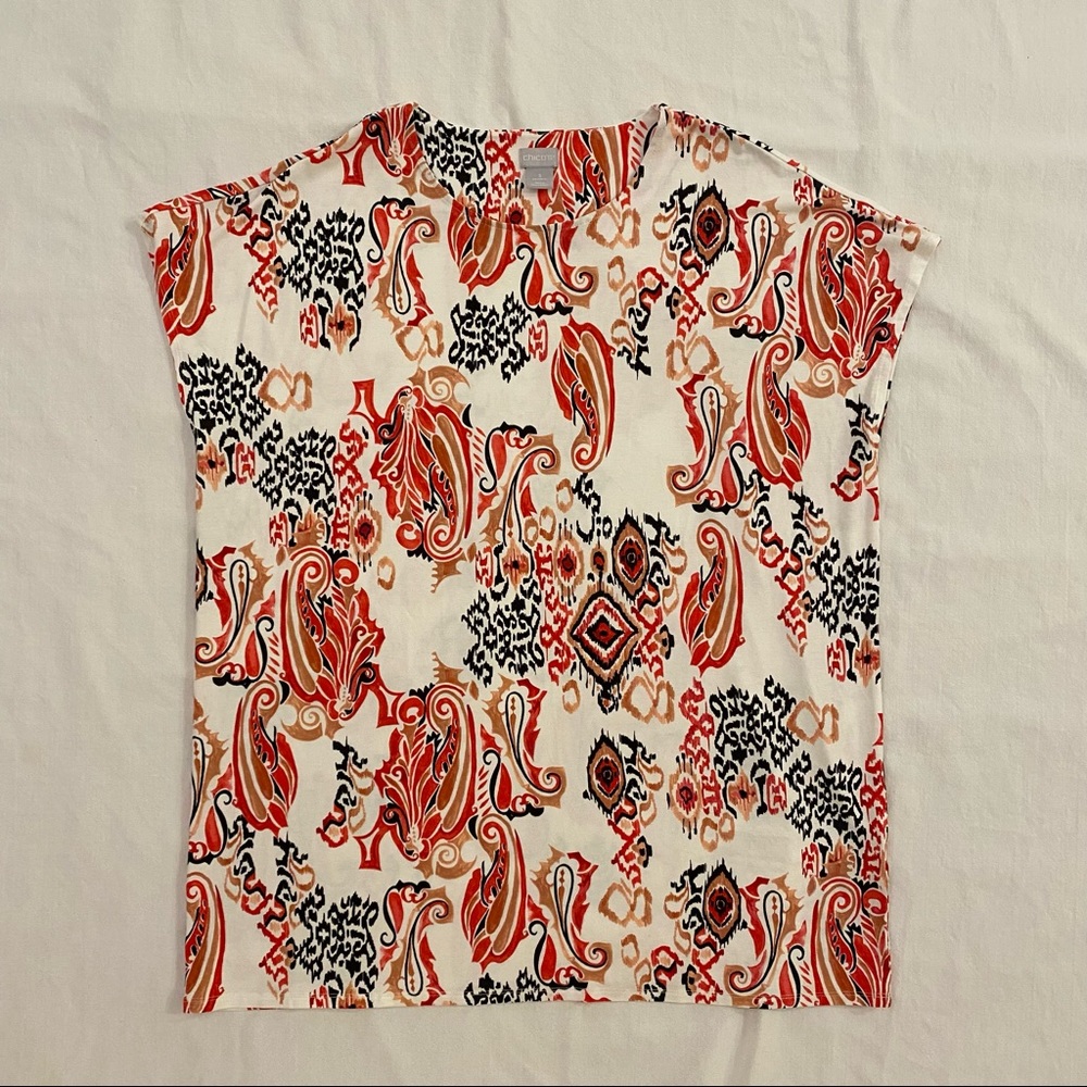 Chico’s Multi colored Ikat print Tunic with Cap Sleeve Size 3 - XL